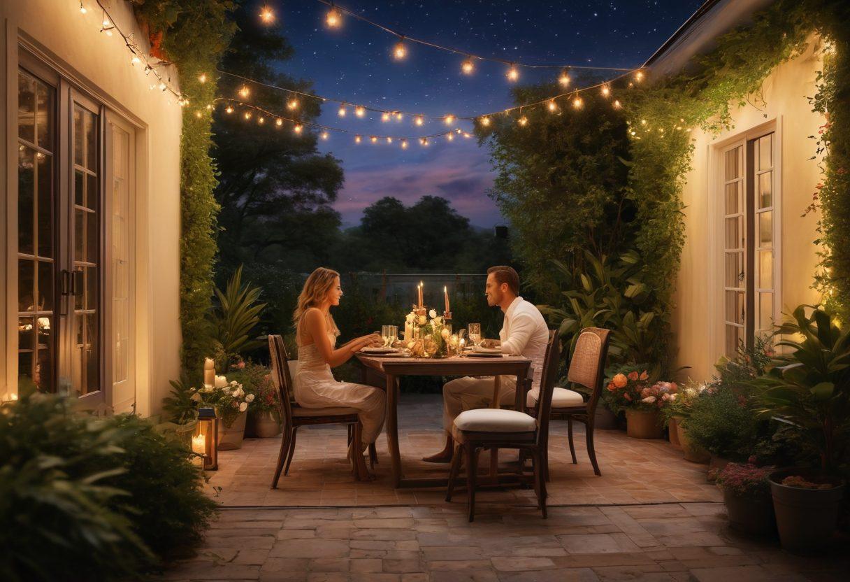 A beautifully lit outdoor space featuring glowing FX Luminaire lights, surrounded by lush greenery and romantic decor like candles and soft fabrics. A couple is enjoying a cozy dinner under twinkling lights, with a starry night sky overhead. The ambiance exudes warmth and intimacy, inviting viewers to imagine their own romantic setups. vibrant colors. super-realistic.