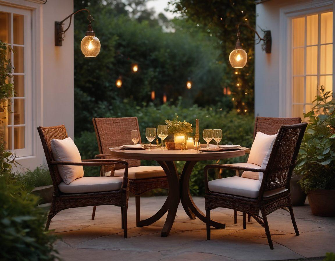 A cozy outdoor setting with elegant FX Luminaire lighting casting a warm glow over a beautifully set dinner table for two, surrounded by lush greenery. Subtle candlelight is reflected in wine glasses, and there are soft cushions on chairs inviting relaxation. The atmosphere should project romance and tranquility with twinkling fairy lights in the background. twilight colors. super-realistic. vibrant ambiance.