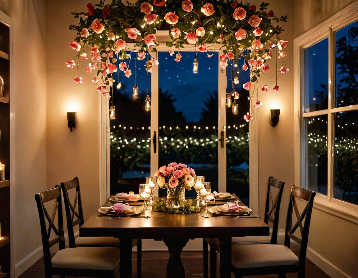 A beautifully decorated romantic setting featuring dimly lit, luxurious candles and elegant pendant lights casting a warm glow. The scene includes a stylish dining table set for two, adorned with soft rose petals and flickering fairy lights. Incorporate energy-efficient lighting elements that blend seamlessly with a cozy ambiance. Add lush greenery and a bottle of wine to enhance intimacy. super-realistic. vibrant colors. soft focus.